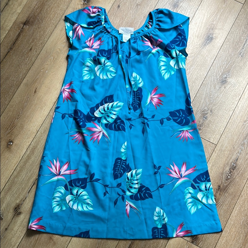 Hilo Hattie Hawaiian Blue Shift Dress Muumuu Short Sleeves Tropical Print L